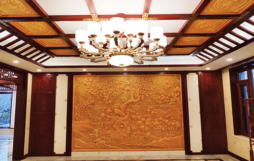 观山湖中式别墅客厅中式木作横梁吊顶装饰展示